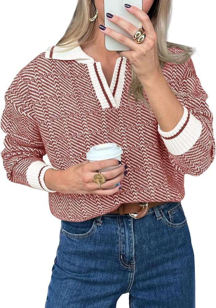 Saodimallsu Womens Fall Sweaters Tops Lapel V Neck Knit Sweater Color Block Long Sleeve Casual So... | Amazon (US)