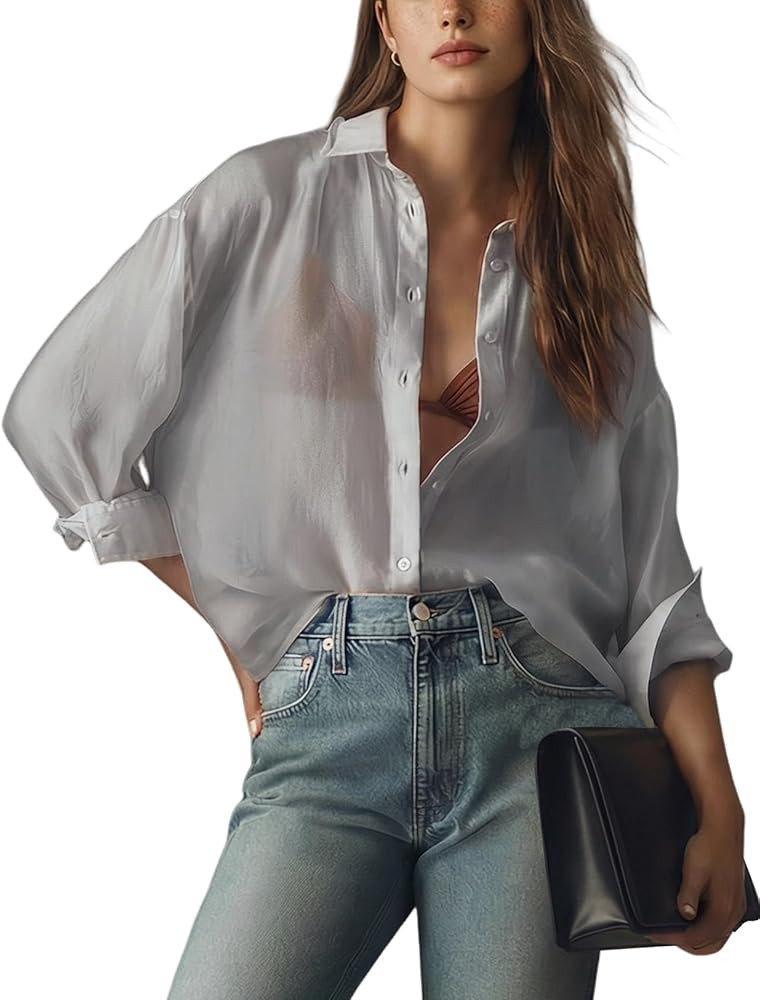 Wyeysyt Sheer Tops for Women Shiny Mesh Top Sheer Button Up Shirt See Through Sexy Long Sleeve Bl... | Amazon (US)