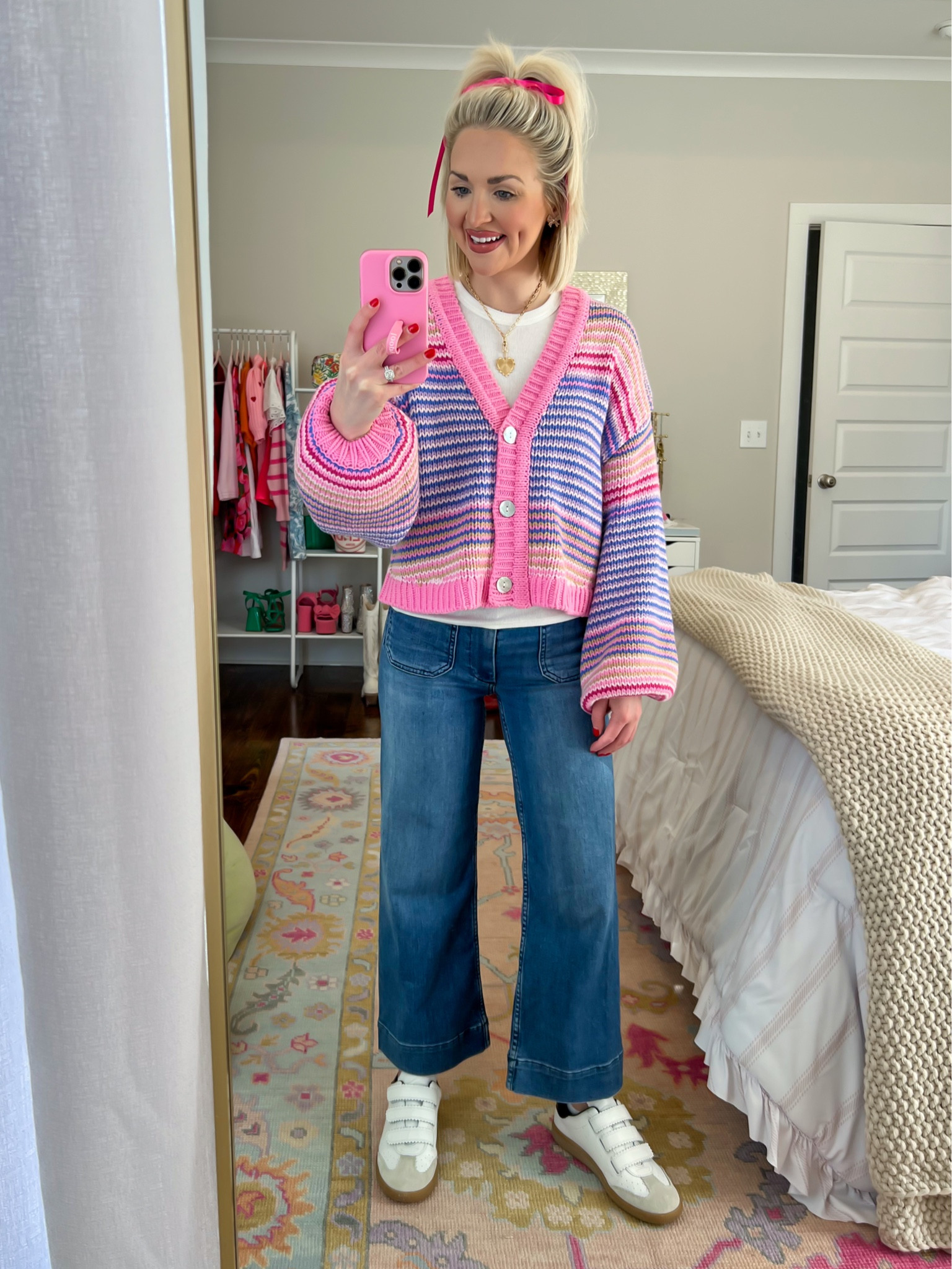 Good karma cardi / pink stripe cardi (XS) / Colette denim cropped wide leg pants (24 petite) / velcro sneakers / heart necklace

#LTKstyletip #LTKSeasonal