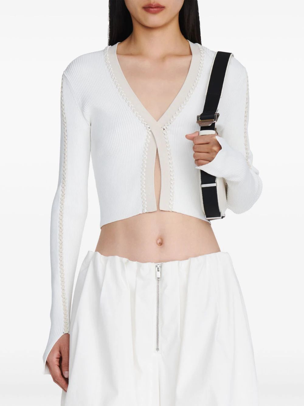 The DetailsDion LeeSuture ribbed crop topHighlightswhite ribbed knit crochet trim V-neck long sle... | Farfetch Global