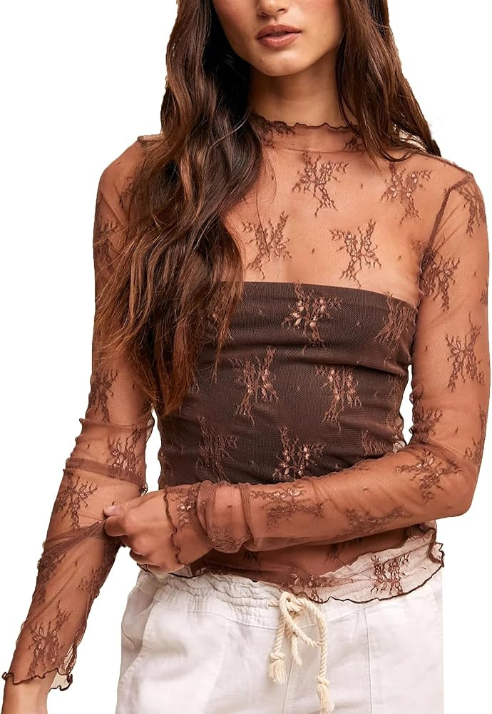 Lace Tops for Women Long Sleeve Mock Neck Mesh Top Sexy Sheer Shirts See Through Floral Blouses | Amazon (US)