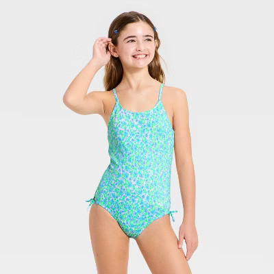 Girls' Vibrant Meadow Floral One Piece Swimsuit - art class™ Blue L | Target