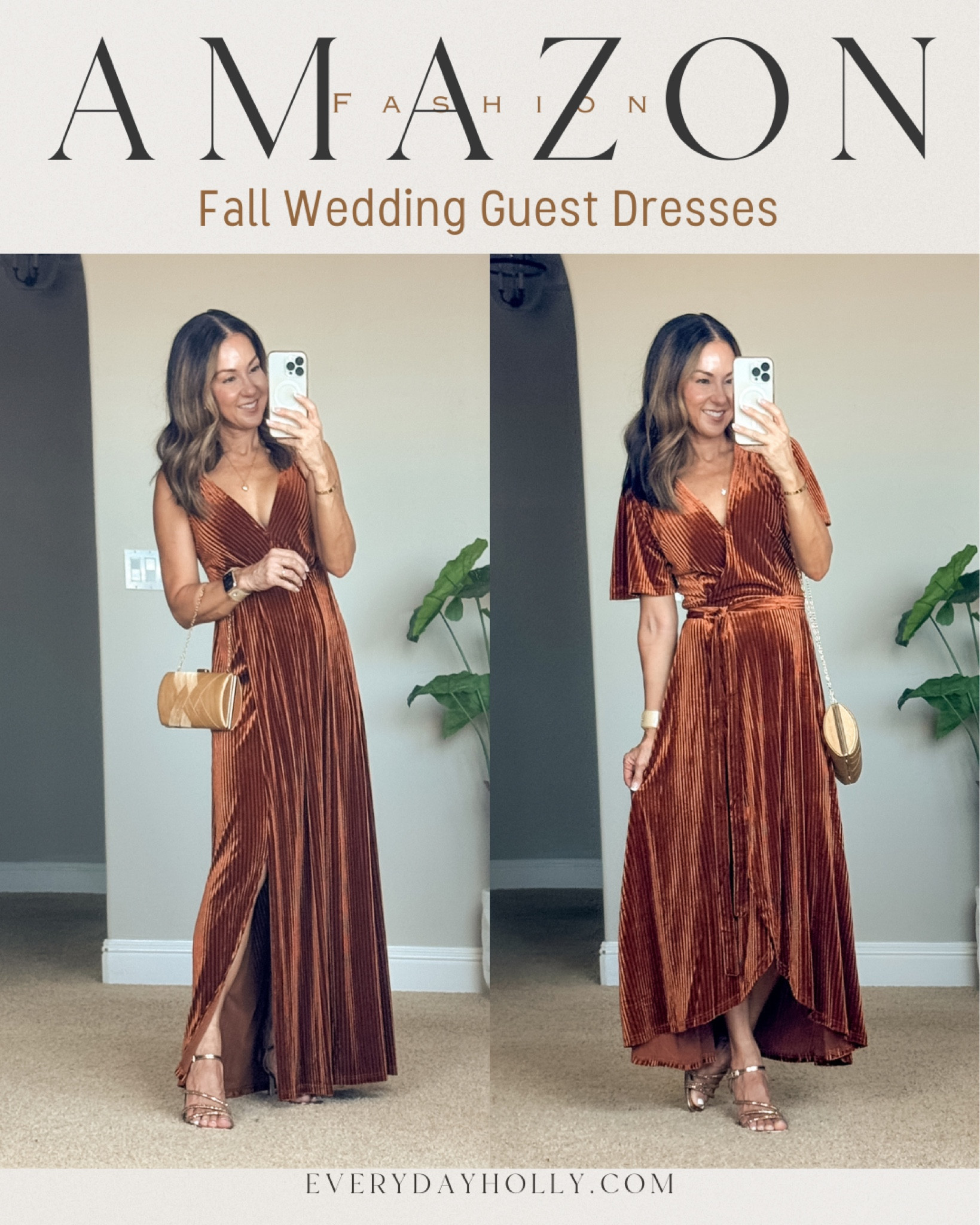 💥Sale on second dress! Fall wedding guest maxi dresses size o in velvet burnt orange. Stretchy, comfy dresses. One has adjustable straps and one has short sleeves. Heels TTS, convertible clutch.
For reference: I’m 5’1”, 109lbs