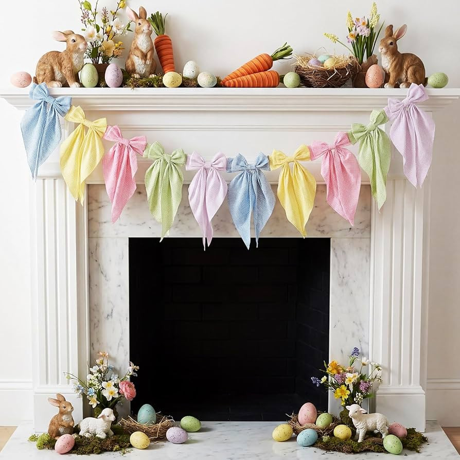 Newwiee Easter Plaid Pastel Bow Garland Banner - Satin Ribbon Hanging Party Bow Garland Decor for... | Amazon (US)