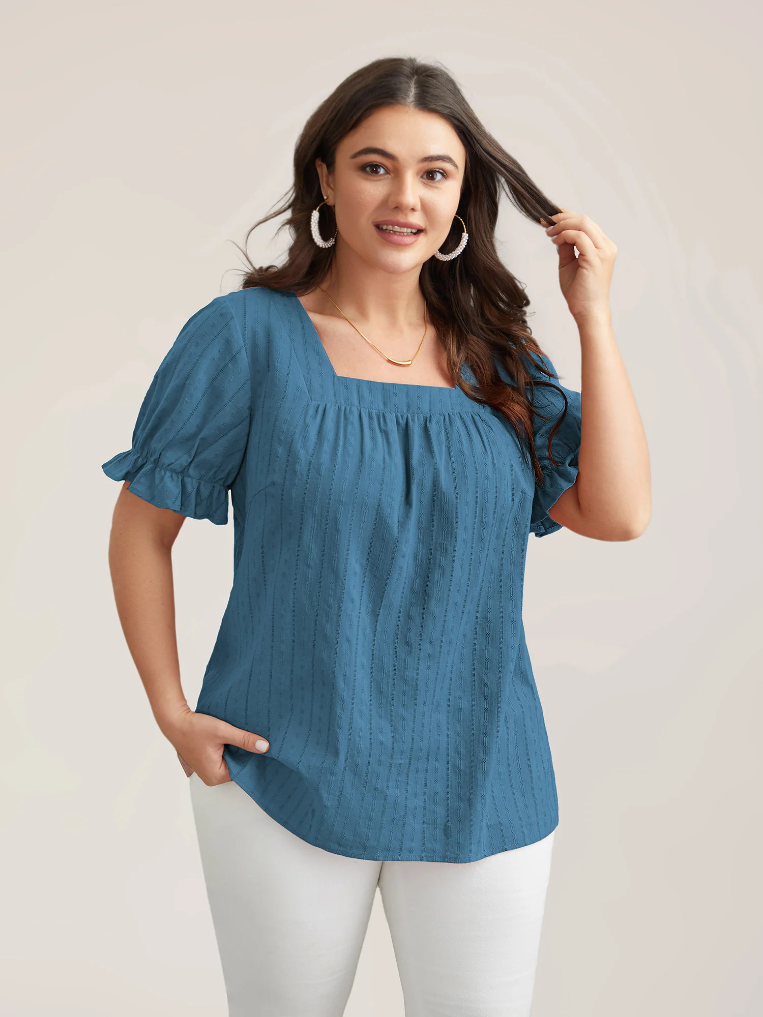 Cotton Square Neck Ruffled Sleeve Shirt | Bloomchic