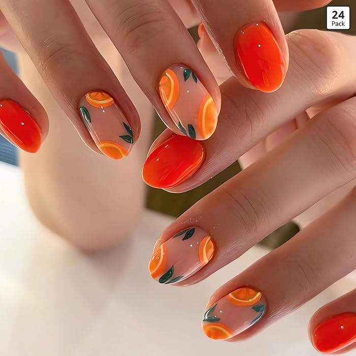 IMSOHOT Oval Short Press on Nails Orange French Tips Fake Nails Fresh Fruit Designs Nude Glossy R... | Amazon (US)