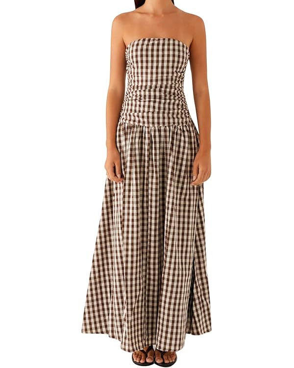 Women Summer Strapless Maxi Dress A Line Flowy Tube Top Dress Y2K Elegant Wedding Party Cocktail ... | Amazon (US)