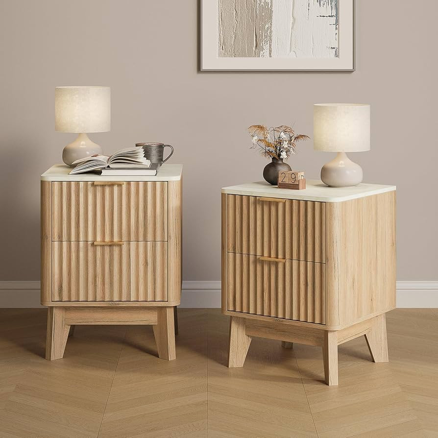 Fluted Nightstand Set of 2,Modern End Table with Faux Marble Top,2 Storage Drawers Side Table,Bed... | Amazon (US)
