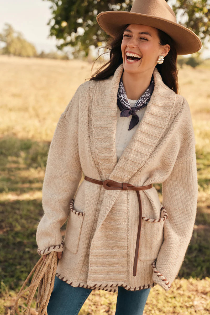 Sandstone Heather and Brown Blanket Stitch Harrow Cardigan | Tuckernuck (US)
