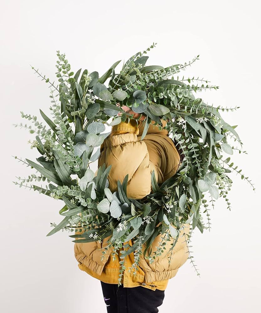 Clycaloor 24 Inch Encalyptus Wreath for Front Door, Large Size Artificial Greenery Willow Wreath, Sp | Amazon (US)