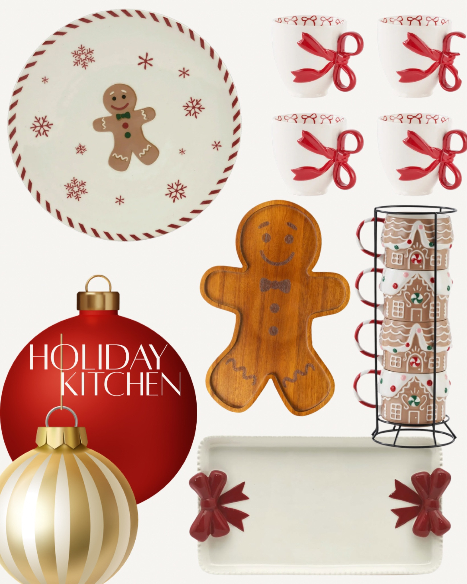 Holiday kitchen decor, Christmas kitchen, shelf decor, gingerbread man charcuterie board, cookie plate platter, coffee mugs, serving tray with bows, Christmas home, Walmart home finds 

#LTKHome #LTKGiftGuide #LTKHoliday