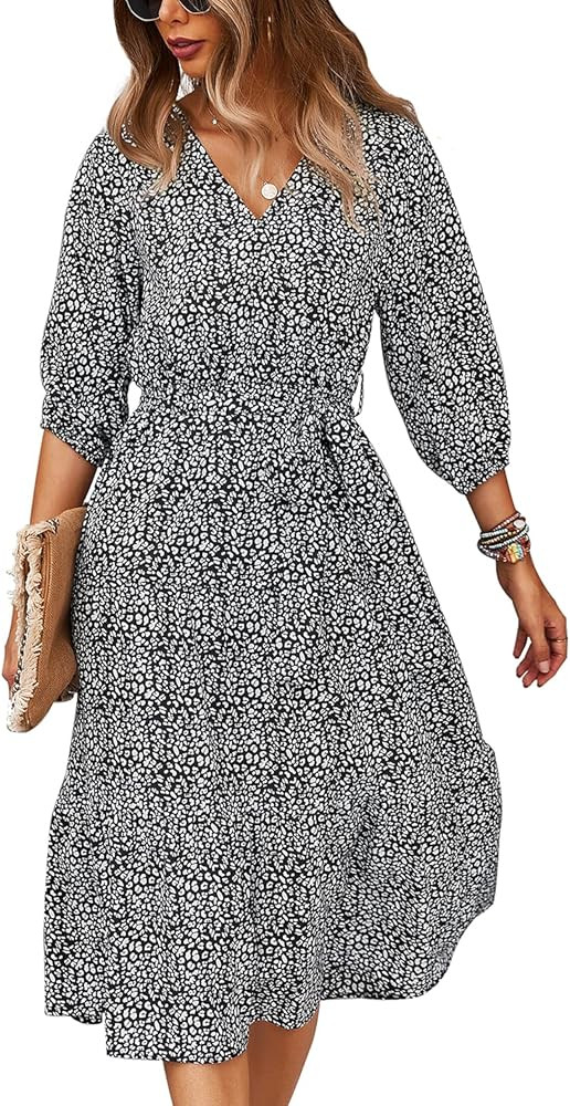 Schkleier Women's Summer Fall 3/4 Sleeve V Neck Casual Flowy Party Floral Midi Dress | Amazon (US)