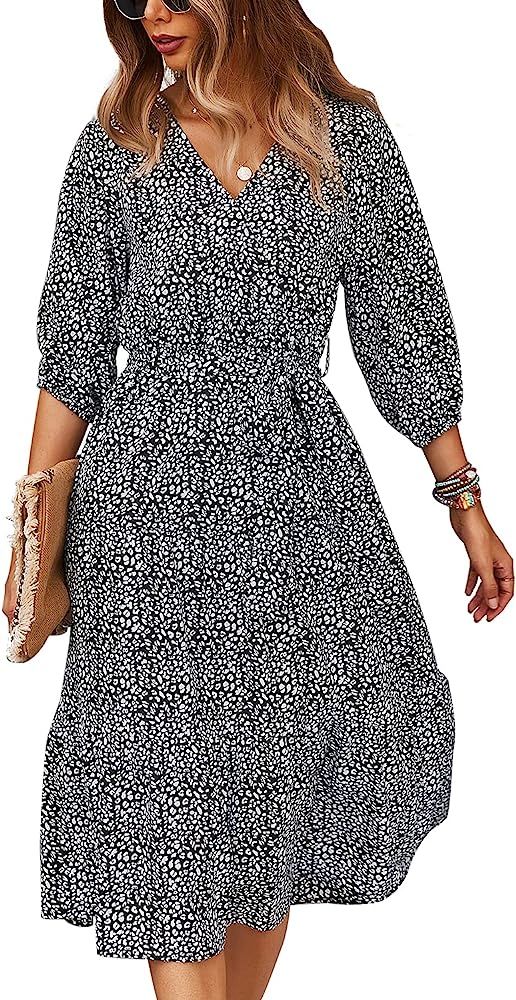 Schkleier Women's Summer Fall 3/4 Sleeve V Neck Casual Flowy Party Floral Midi Dress | Amazon (US)