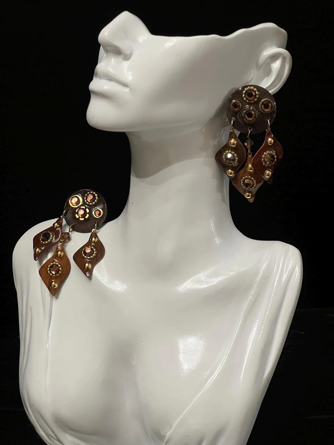 Signed MAM Vintage Dangle Earrings – Brown Amber Rhinestone Geometric Gold Tone | Etsy (US)