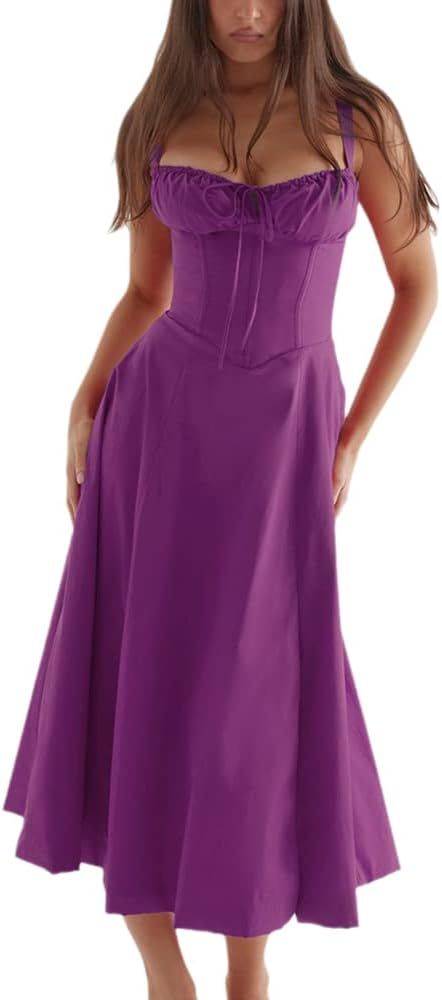 Women Y2k Square Collar Bustier Long Dress Boho Floral Sleeveless Slit A line Corset Maxi Dress L... | Amazon (US)