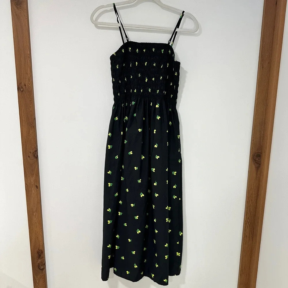A New Day Smocked Lemon Print Midi Dress Womens\u200e Small Black Fruit | Cottagecore | Poshmark