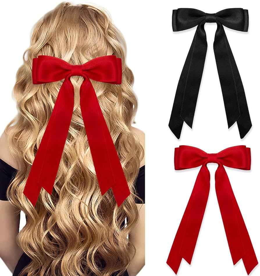 Silky Satin Hair Bows and Barrettes Set - Tassel Ribbon Bowknot Clips for Ponytails, Red and Blac... | Amazon (US)