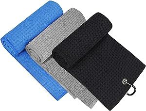 MOSUMI 3 Pack Golf Towel for Bags with Clip and Microfiber Waffle Pattern, Tri-fold Blue, Black a... | Amazon (US)