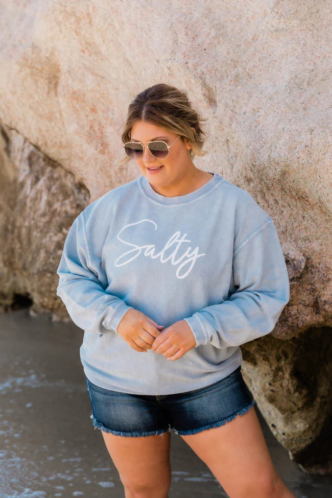 Salty Script Corded Graphic Faded Denim Sweatshirt | Pink Lily