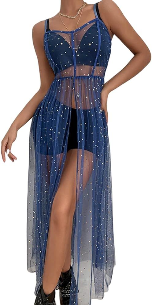 Women Mesh Cover Ups Dresses Sequin Split See-Thru Spaghetti Strap Maxi Dress Beach Coverup Cocktail | Amazon (US)