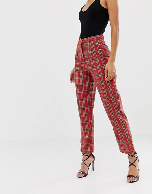PrettyLittleThing peg leg pants in red check | ASOS US