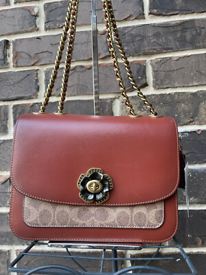 NWT $395 COACH MADISON Shoulder Bag Tan Signature Canvas Rust Leather C0827 | eBay US