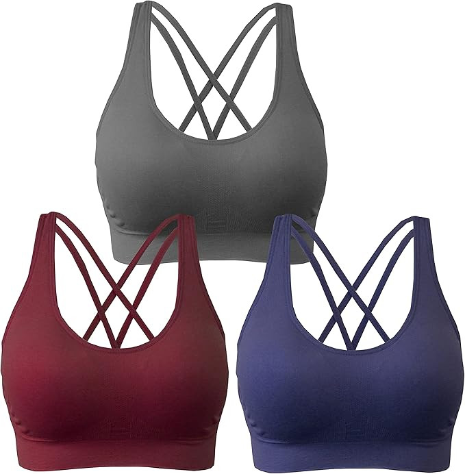 AKAMC 3 Pack Women's Medium Support Cross Back Wirefree Removable Cups Yoga Sport Bra | Amazon (US)