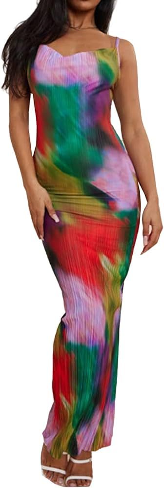 Women's Floral Printed Spaghetti Strap Bodycon Maxi Dress Elegant Draped Neck Long Dresses for Cl... | Amazon (US)