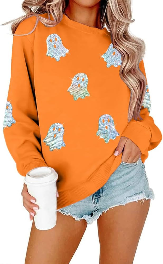 Halloween Sweatshirts Women Colorful Sequin Ghost Graphic Pullover Shirt | Amazon (US)