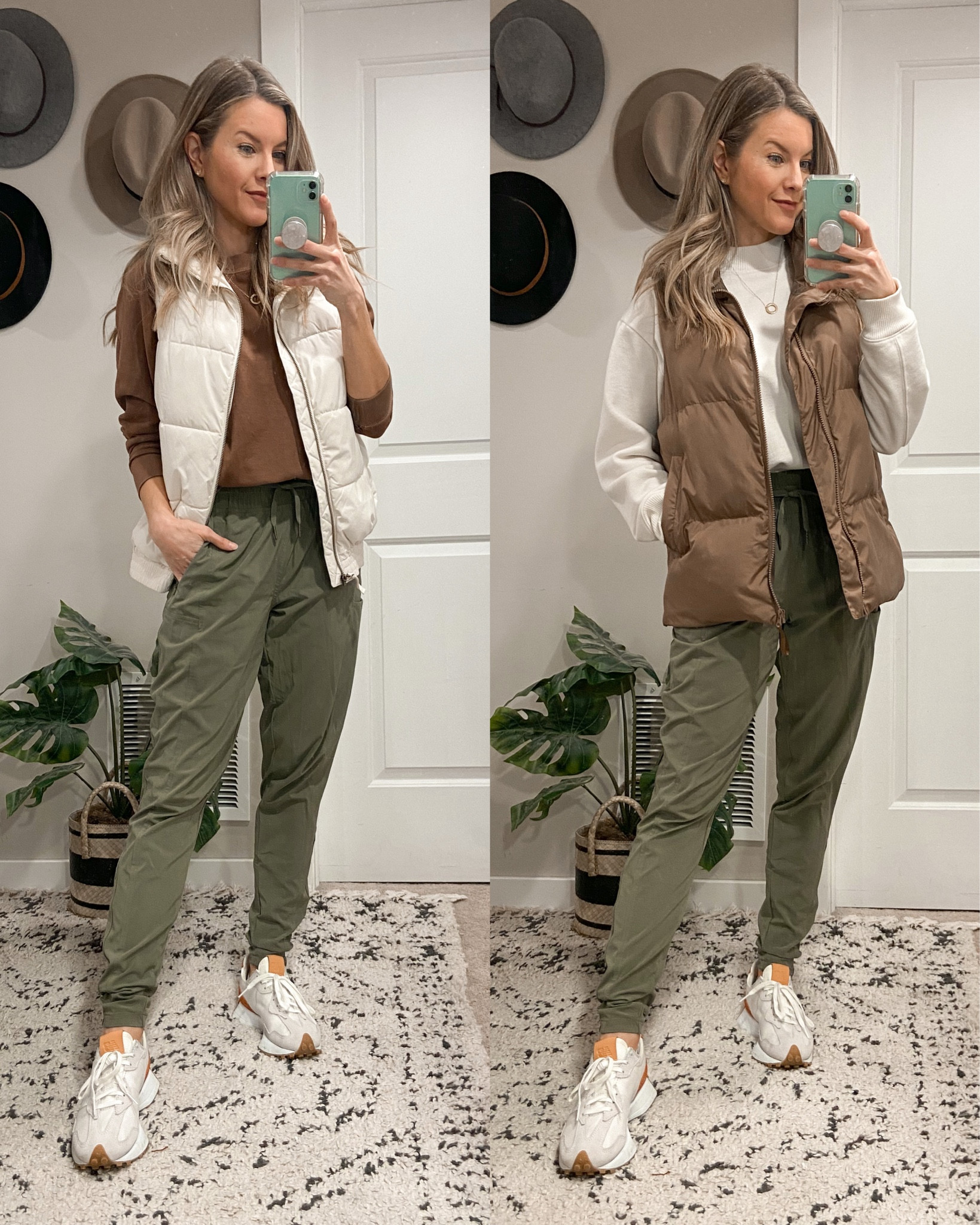 Athleisure Outfit: olive joggers, New Balance sneakers, sweatshirt and puffer vest. 

#LTKstyletip #LTKSeasonal #LTKunder50