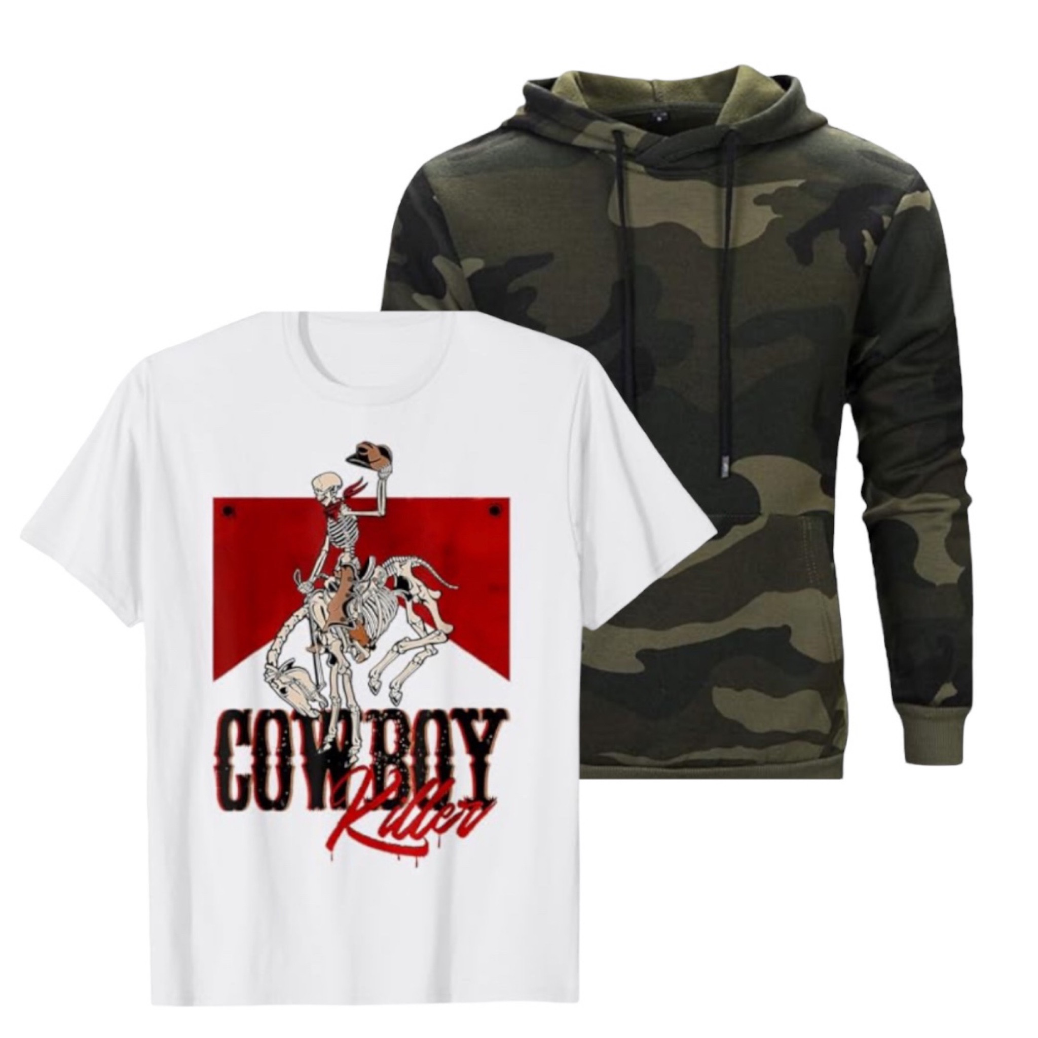 Cowboy killer Tshirt and oversized camo hoodie 