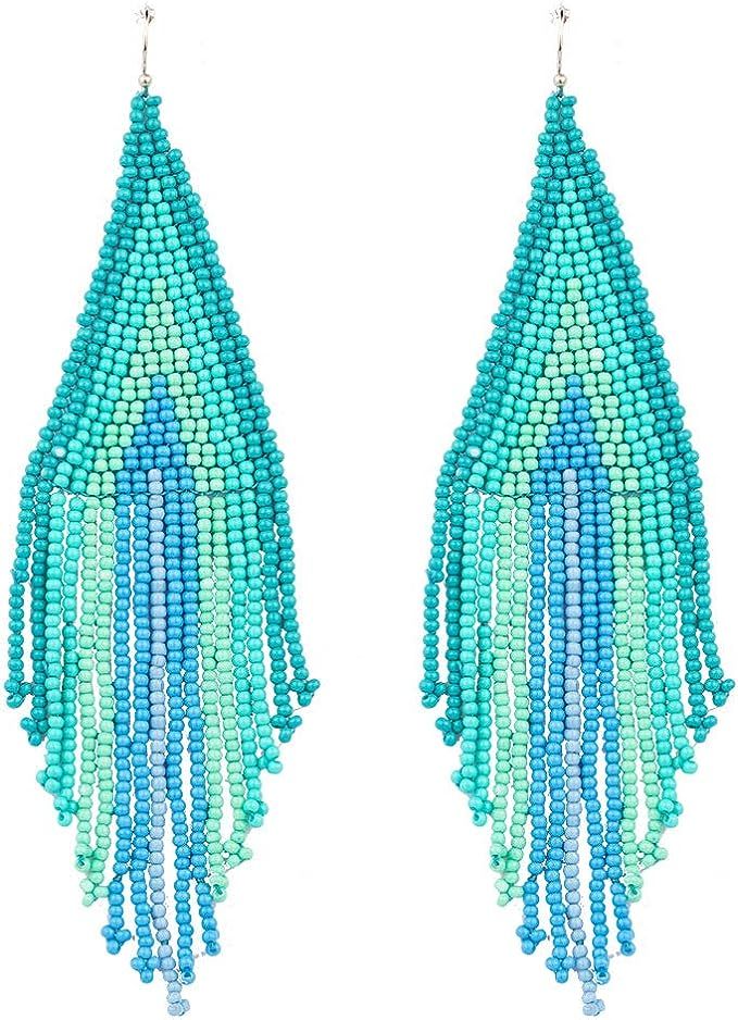 Luluping Long Beaded Dangle Earrings – Boho Native Handmade Seed Bead Tassel Earrings for Women... | Amazon (US)