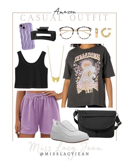 Amazon casual outfit includes purple shorts, graphic tee, cropped tank, sneakers, handbag, hair clip, phone case, bow necklace, blue light glasses, and gold earrings.

Casual outfit, spring outfit, summer outfit, Amazon finds, work from home outfit

#LTKstyletip #LTKshoecrush #LTKfindsunder50