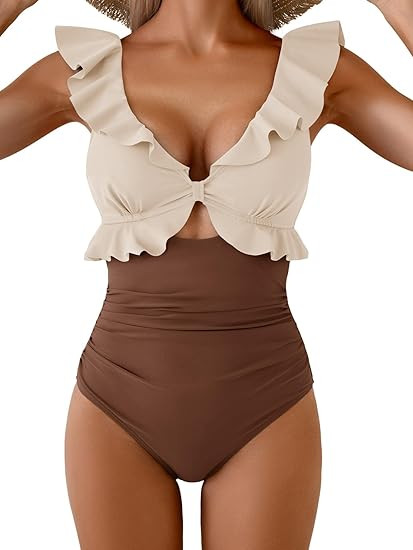 Aidonger Women's One Piece Swimsuit Tummy Control Ruffle Bathing Suit V Neck Ruched Swim Suit Sli... | Amazon (US)