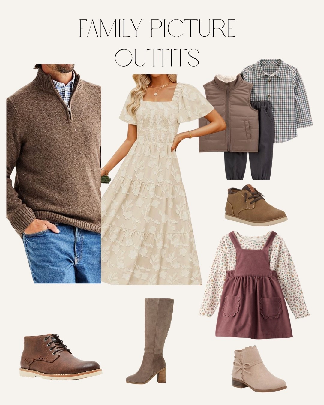 It is family picture season! Check out this beautiful neutral women’s dress, a sharp half zip sweater for men and cute children’s outfits with coordinating layers for a sophisticated look. I added shoes too, so from head to toe you are looking fresh. Remember to choose a lead outfit, create a color palette and then mix up where the colors show up without looking too matchy. Not any one person should be sticking out too much in the pictures. And of course the most important part of your outfit…your smile! 

#LTKFamily #LTKSeasonal #LTKKids