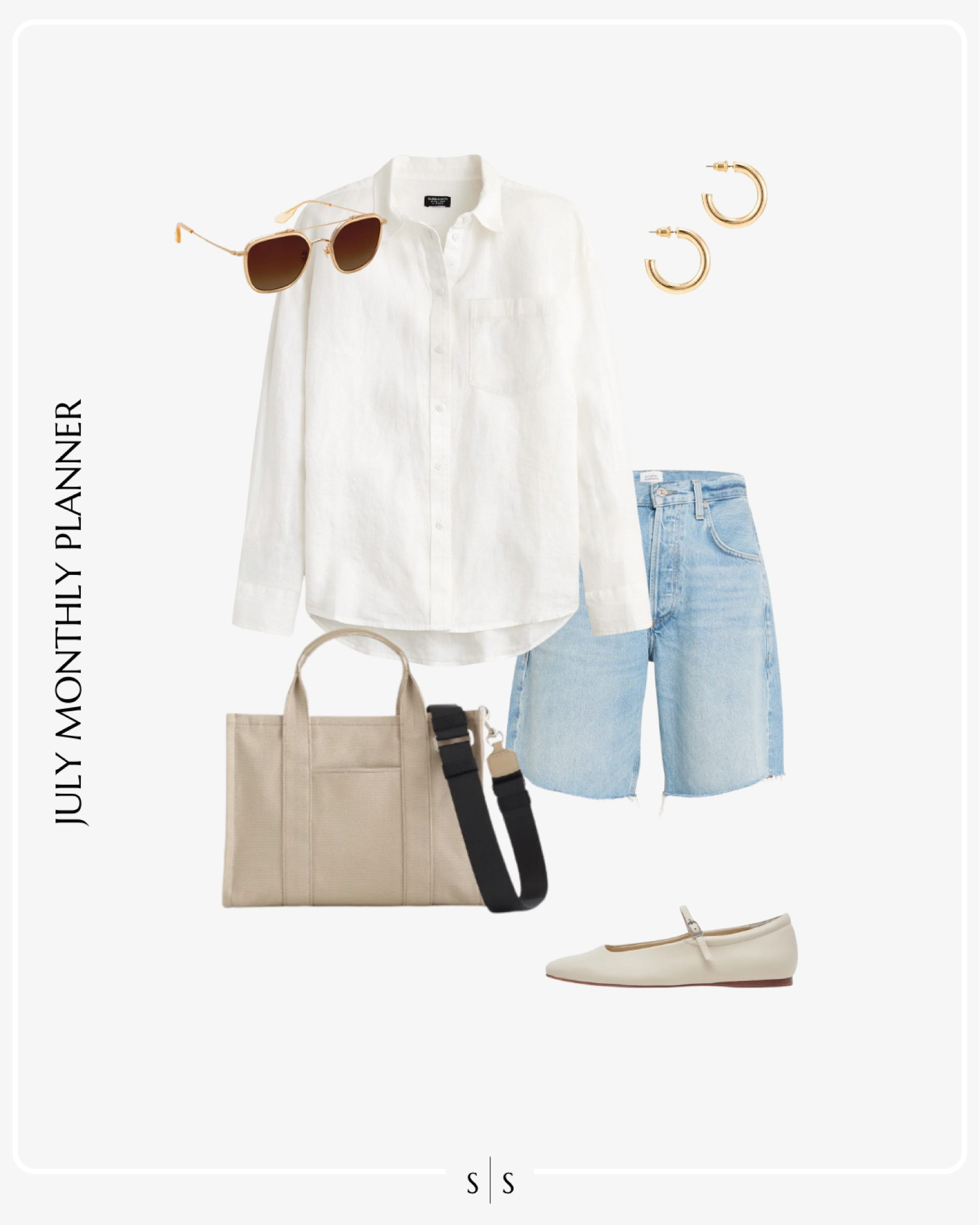 Monthly outfit planner JULY: Summer looks | white button up, baggy denim shorts, canvas tote, ballet flats, Summer accessories 

See the entire calendar on thesarahstories.com ✨ 


#LTKStyleTip