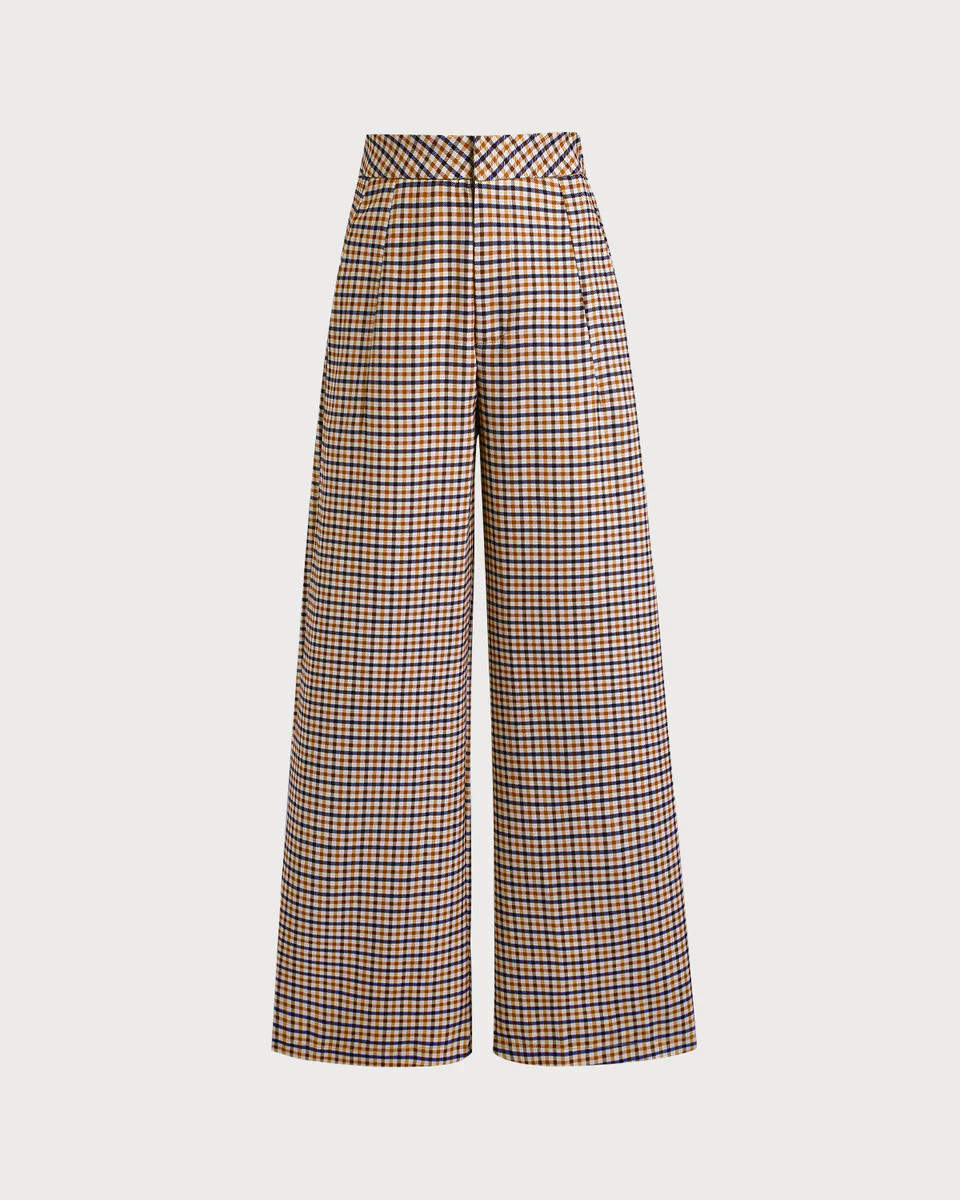 Khaki Plaid Casual Straight Pants | rihoas.com