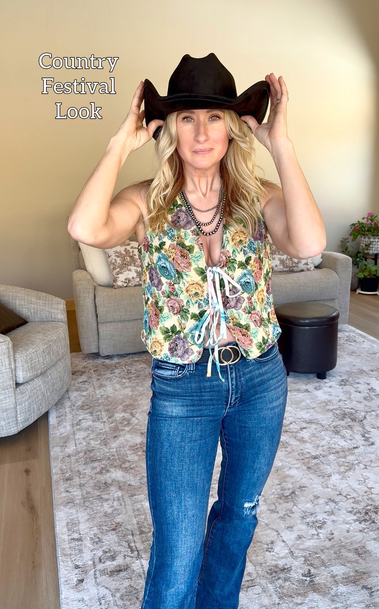 Sexy and easy country concert festival look for this summer! I love the versatility of this tapestry vest, the whimsical feel it brings when paired with a classic black cowboy hat and bell bottoms. 

#LTKFestival #LTKOver40 #LTKSeasonal
