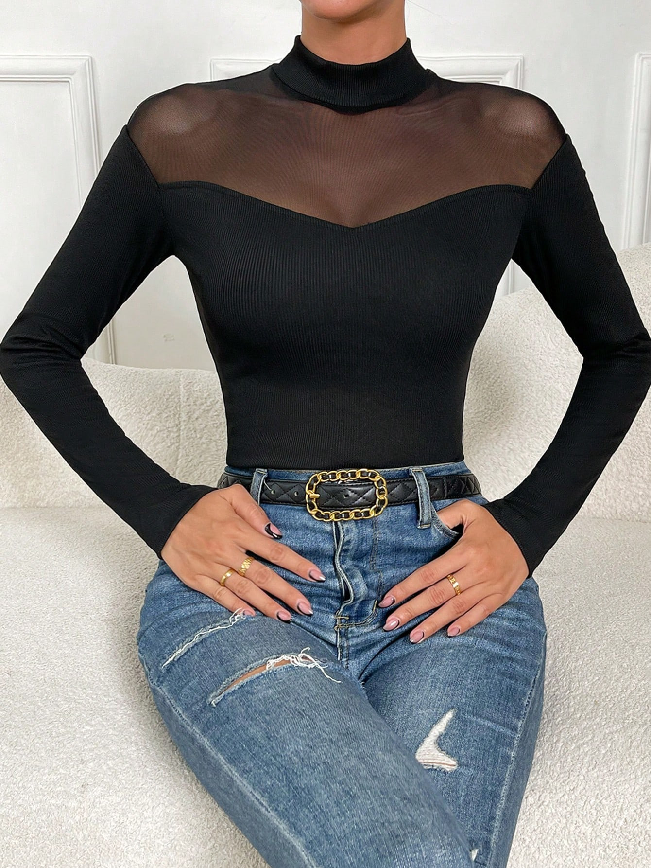 SHEIN Privé Contrast Mesh Mock Neck Tee | SHEIN