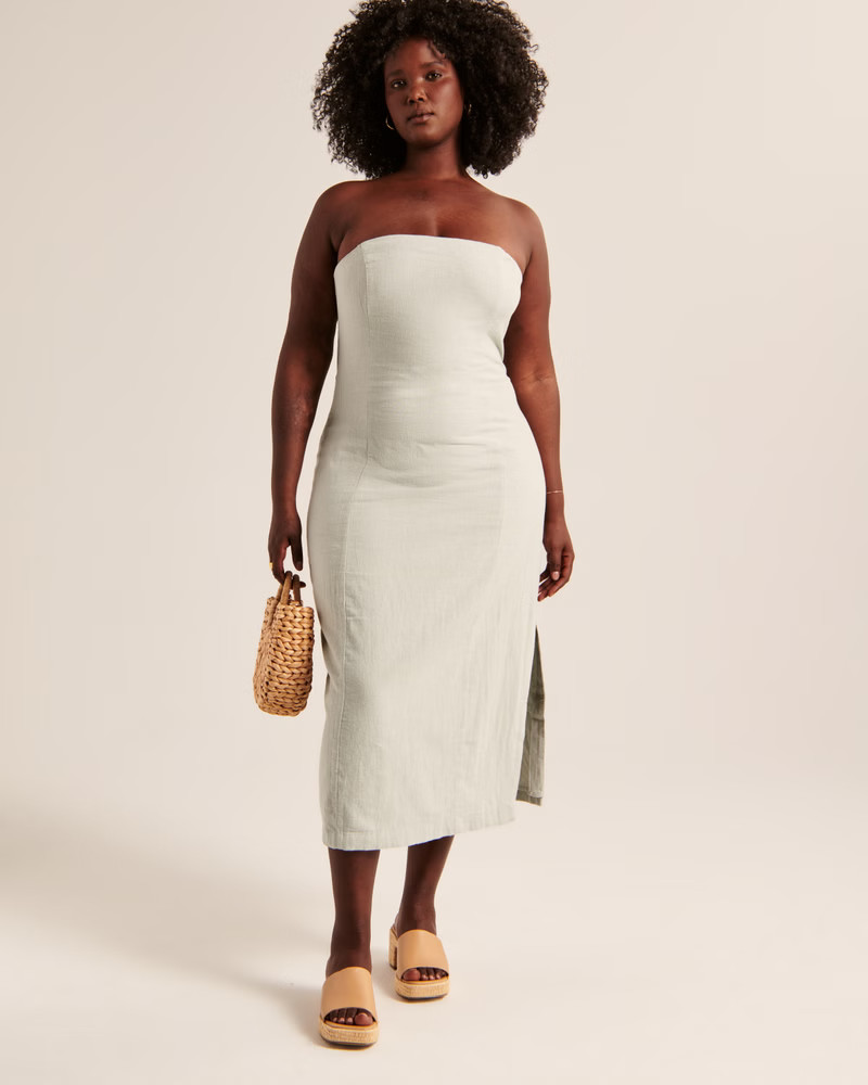 Strapless Linen-Blend Midi Dress | Abercrombie & Fitch (US)