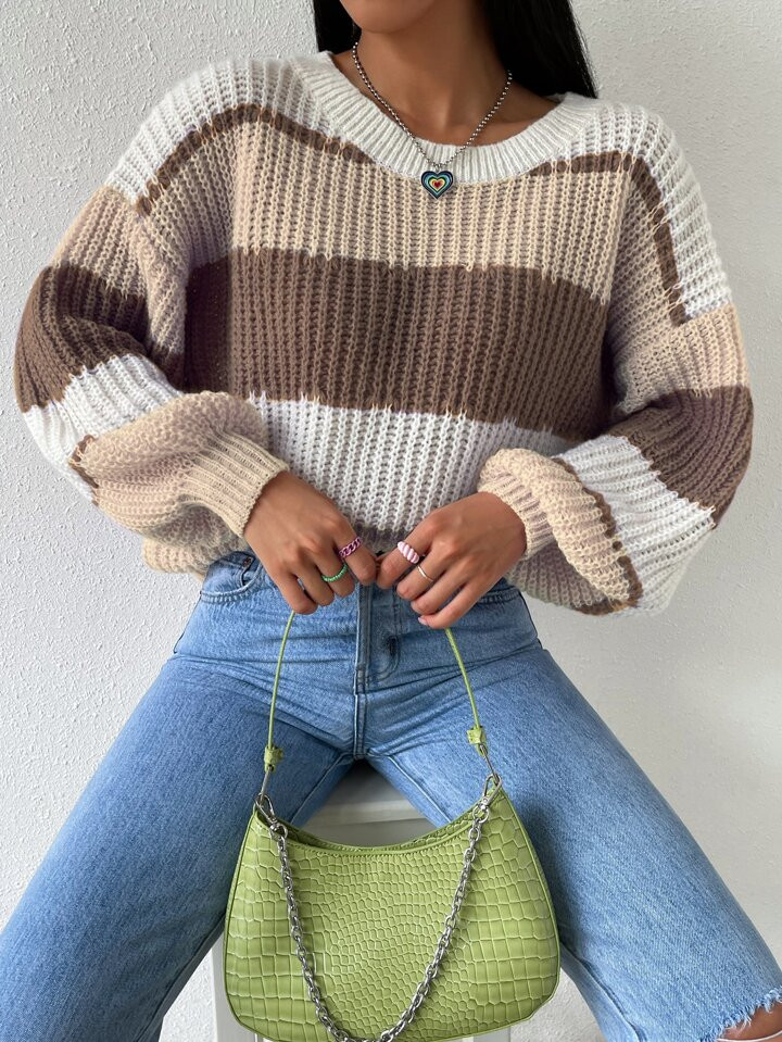 SHEIN Essnce Colorblock Rib-knit Drop Shoulder Sweater | SHEIN