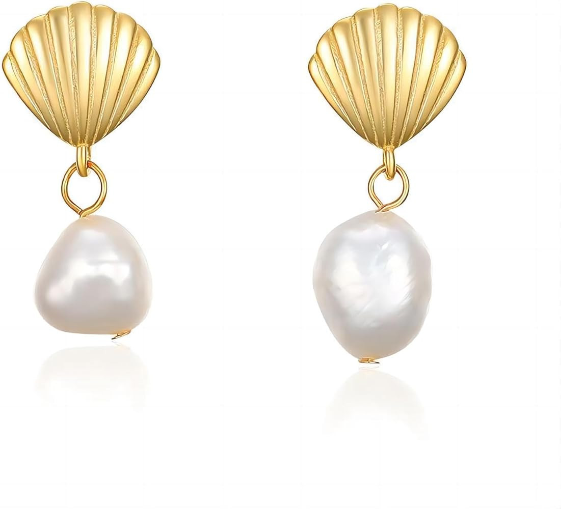S925 Sterling Silver Seashell Pearl Drop Earrings for Women, Baroque Pearl Seashell Dangle Earrin... | Amazon (US)