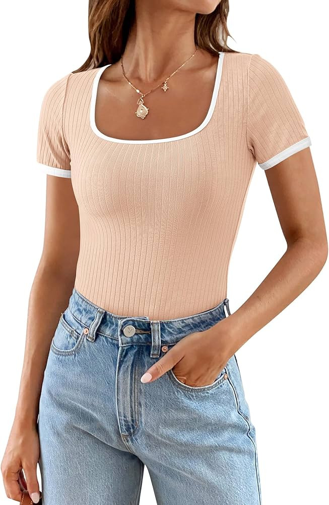 PRETTYGARDEN Womens Summer Short Sleeve T Shirts Ribbed Knit Square Neck Color Block Slim Fitted ... | Amazon (US)