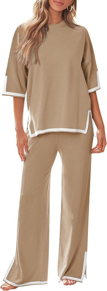 LILLUSORY 2 Piece Lounge Sets Women's Short Sleeve Knit Top Wide Leg Pants Sets | Amazon (US)