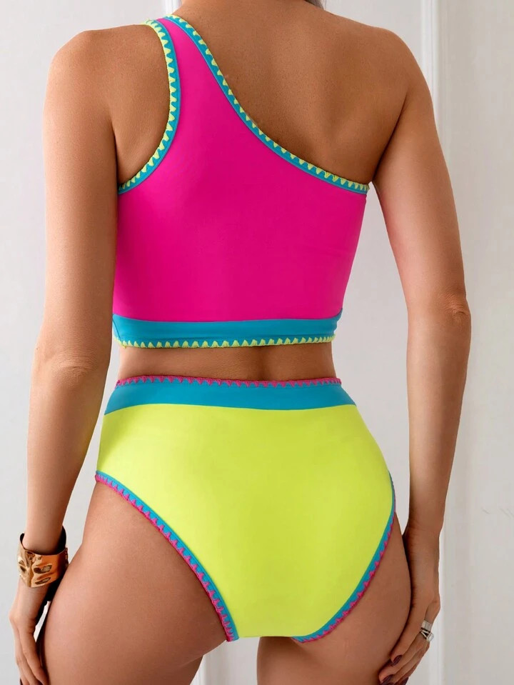 Summer 2pcs/Set Multicolor Contrast Sexy Bikini Swimsuit, One Shoulder Bikini Top & High Waist Bo... | SHEIN