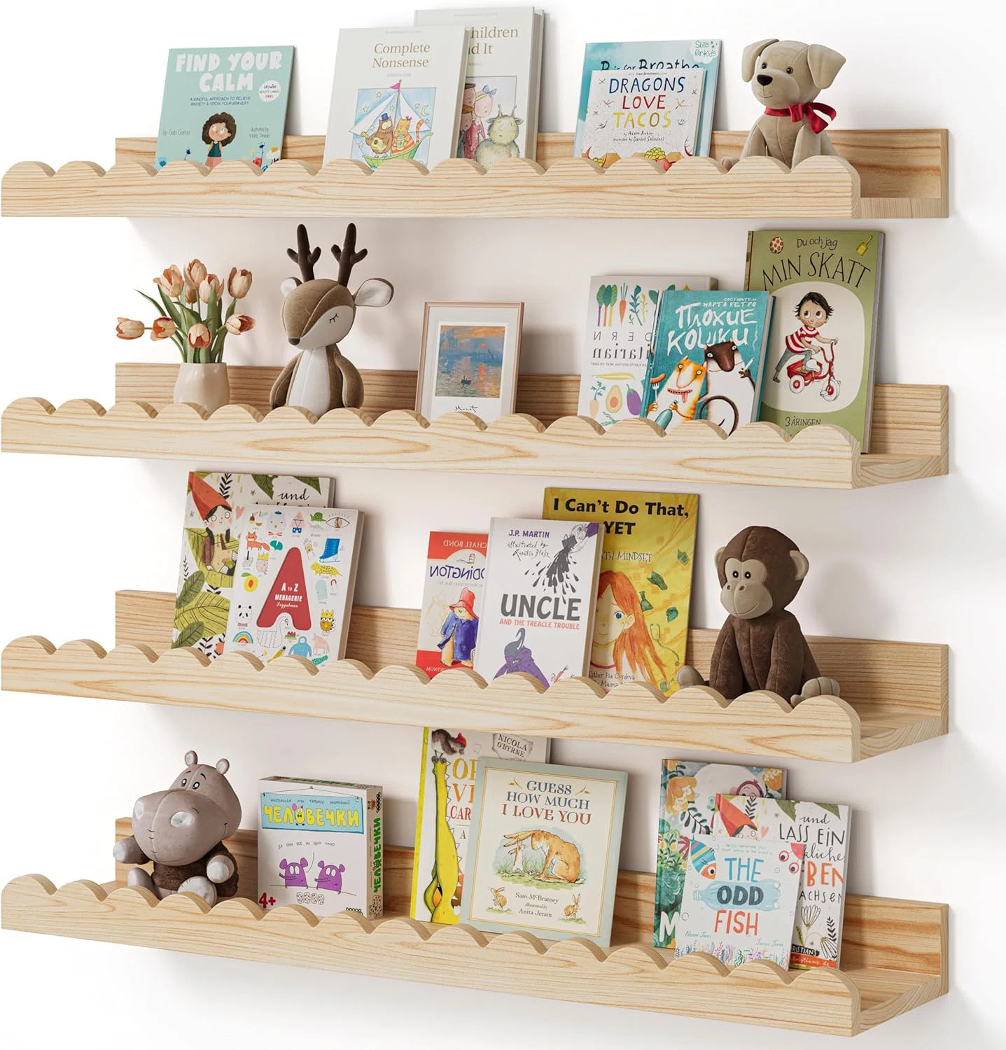 Nursery Floating Book Shelves Set Of 4, Scalloped Wood Wall Shelves, 23" | Wayfair North America