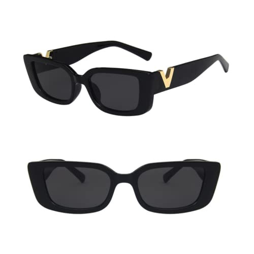 DUPER Black Sunglasses for Women - Rectangle Shape with Trendy Gold V Accent - Trendy y2k UV Prot... | Amazon (US)