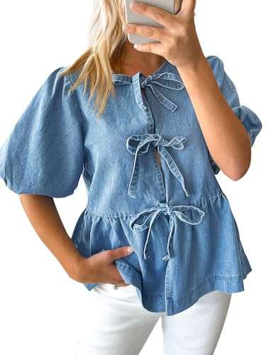 Tankaneo Womens Denim Tie Front Tops Babydoll Peplum Puff Sleeve Jean Shirts Crew Neck Summer Casual Bow Blouses | Amazon (US)
