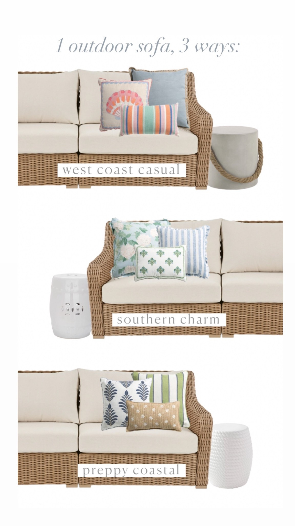 1 outdoor sofa, 3 ways
Just changing up pillows and accent table!
#outdoordecor #outdoorfurniture #outdoorpillows #patiofurniture #patio #wicker #rattan 

#LTKSeasonal #LTKHome
