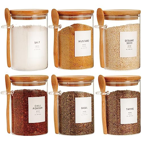 HHMJSM 6 Pcs Glass Jar with Bamboo Lid and Spoon - 17 oz Large Sugar Container with 148 Kitchen Pantry Spice Jar Labels Preprinted - Glass Containers with Wooden Lids Hold Coffee, Tea, Candy | Amazon (US)